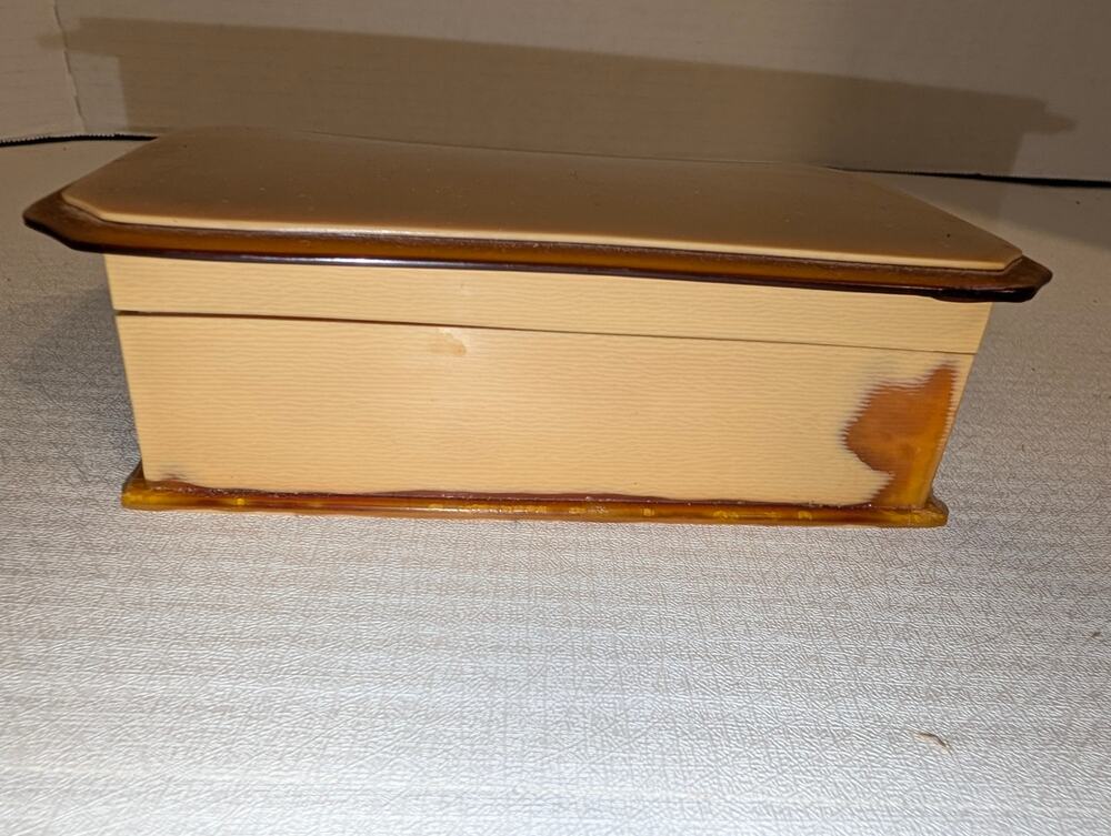 Vintage Celluloid Marbled Jewelry Box Cream Velvet Inlay